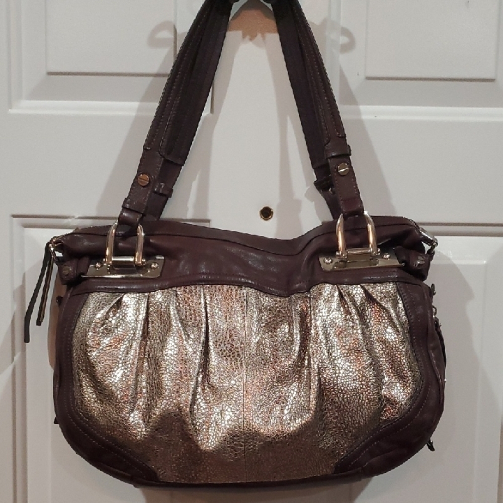 B. Makowsky Metallic And Brown Heavy Shoulder Bag 2 Outside Pockets 12 X16